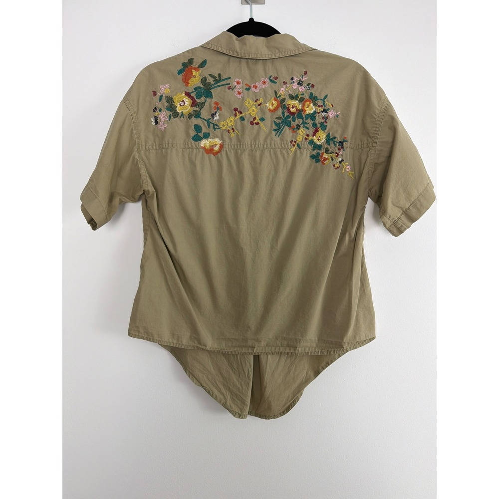 Madewell Button Down Shirt Womens Small Green Floral Embroidered Boho Utility